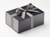 Black A5 Deep No Magnet Gift Box with Grey Linen FAB Sides® and Metal Grey Ribbon