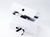 White Double Bottle Box Featuring Black Wax Seal and Ribbon. Insert Available To Purchase Separately.