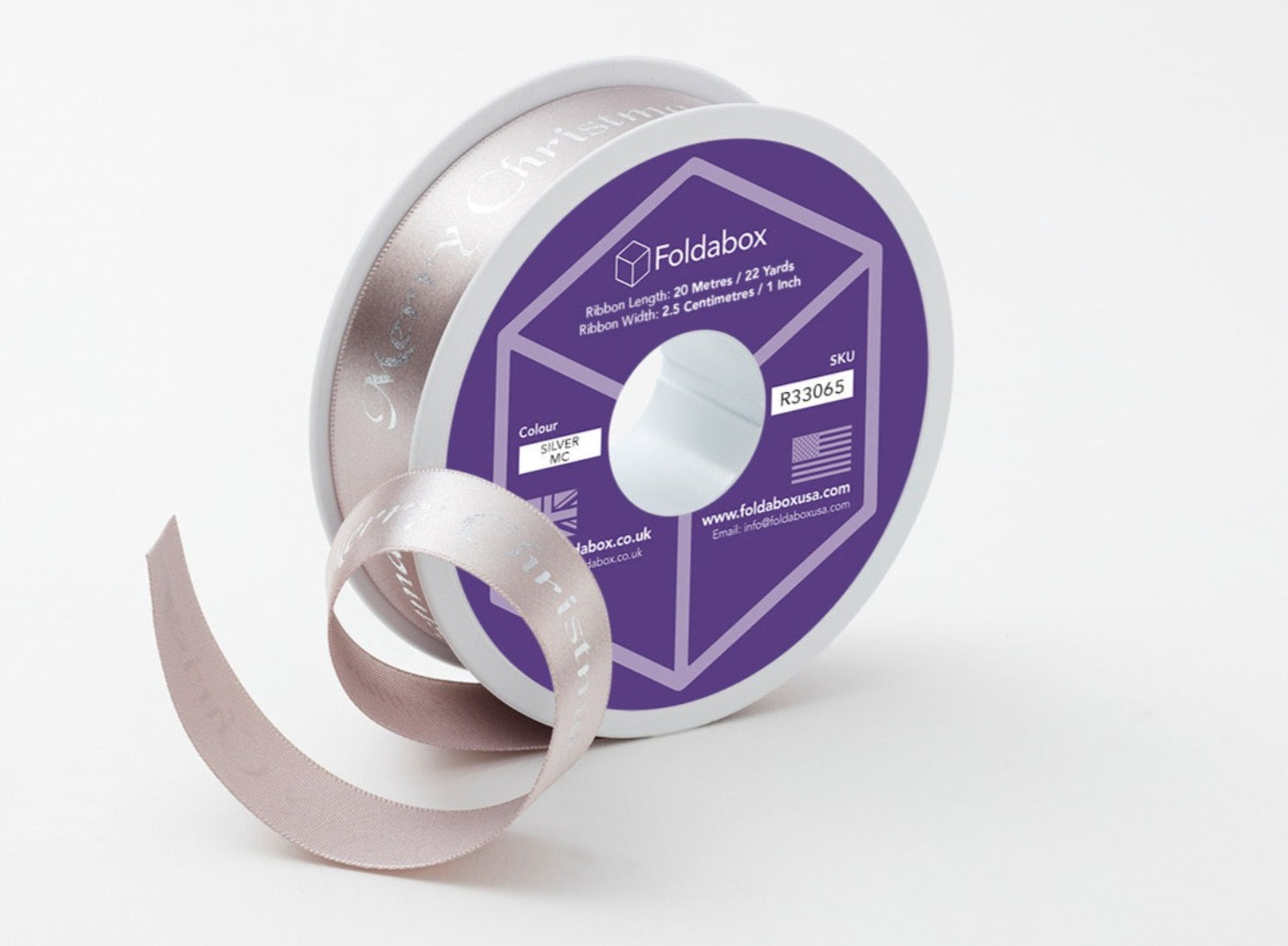 Silver 20m Merry Christmas Recycled Satin Ribbon from Foldabox